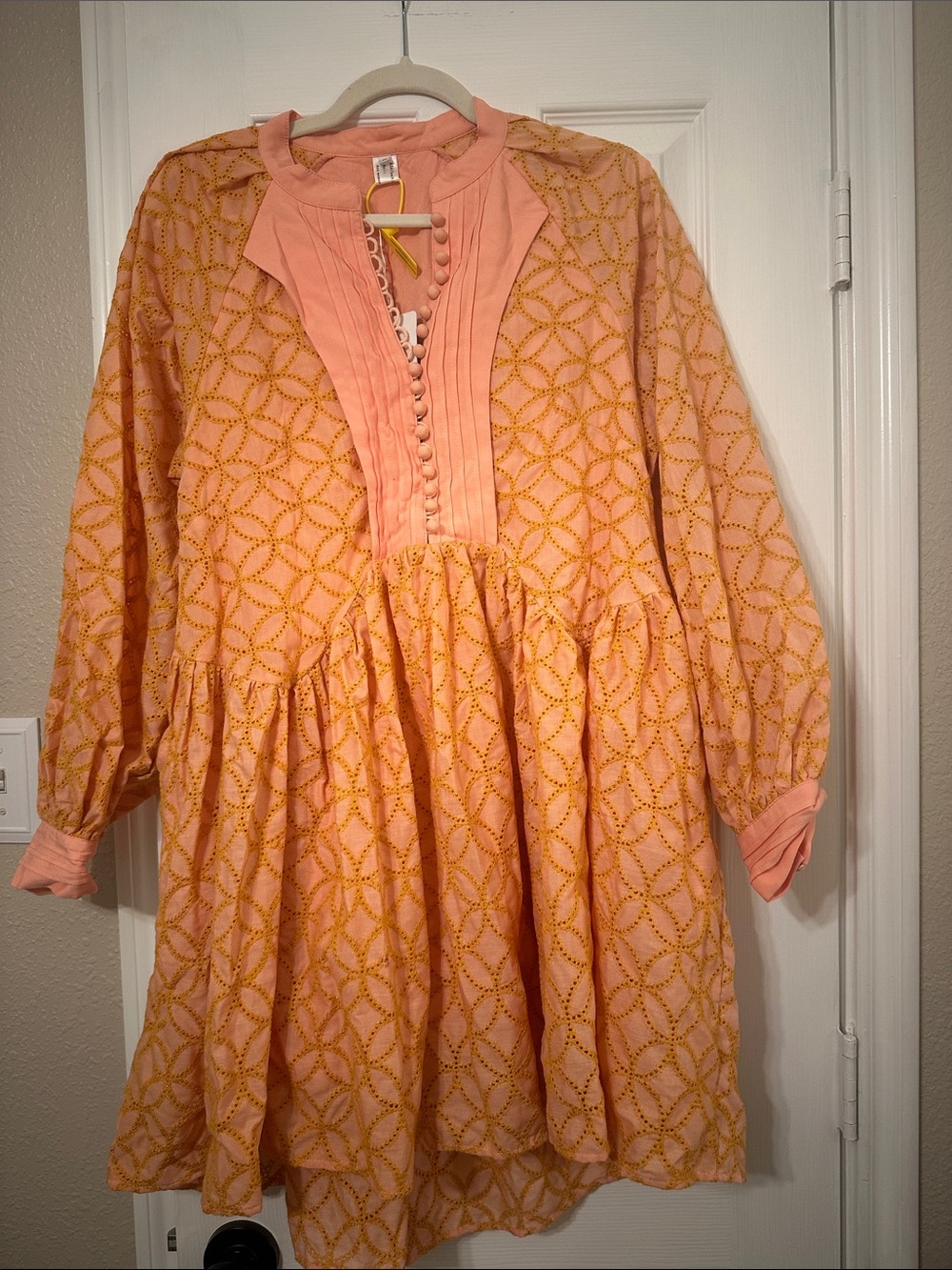 Girls' Peach & Gold Patterned Long-Sleeve Dress